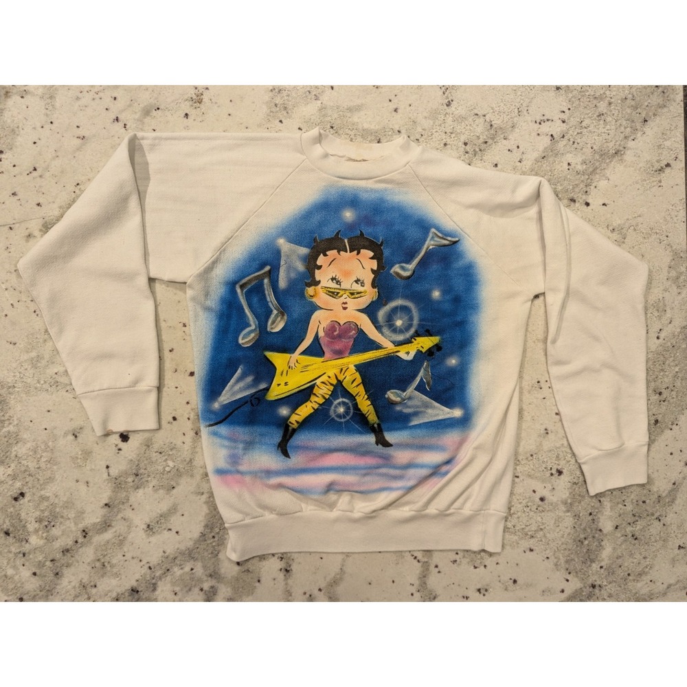 VTG Betty Boop Womens Medium Electric Guitar White Crewneck Sexy Grunge Thrashed